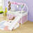 Metal House Twin Loft Bed With Slide, Curtain Set, Guardrails And Ladder-1516796770
