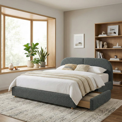 Très grande base de lit tapissier avec tête de lit courbée et 4 tiroirs sur roulettes - Lit plateforme minimaliste moderne avec revêtement en tissu