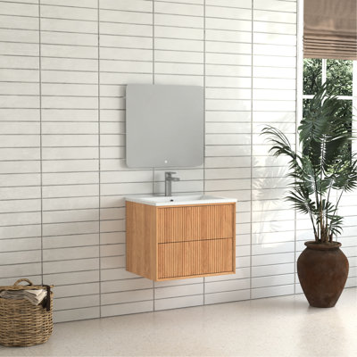 24'' Floating Solid Wood Bathroom Cabinet, Wall Mounted, Grooved Storage Drawers, White Resin Sink, American Style, Height Wood, Stain - Basin, Design, Simple Installation