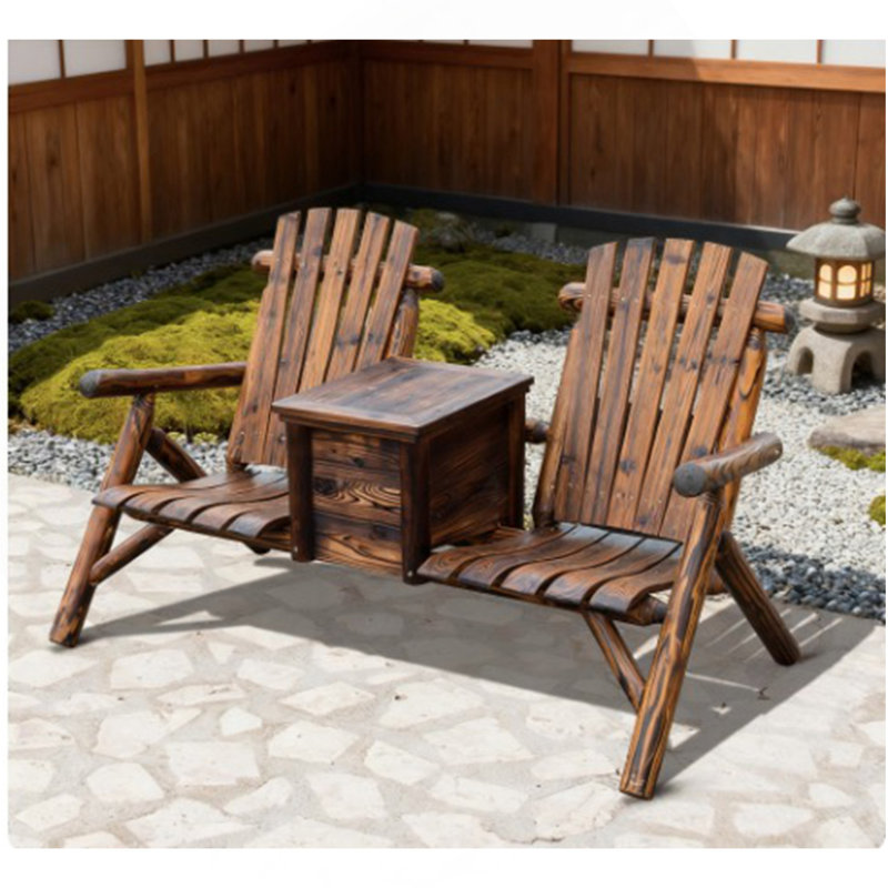 Double Adirondack Chair Loveseat,Double Wooden Adirondack Chair with Ice Bucket,Outdoor Loveseat with High Backrest