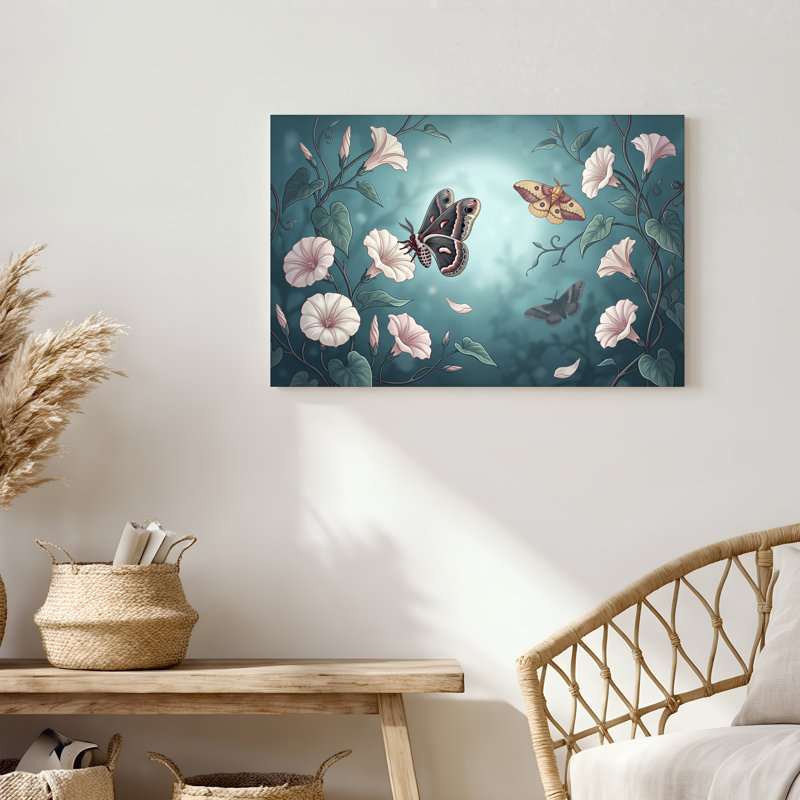 «Moths and Pink Flowers on Teal», art mural sur toile, 18"H x 24"W