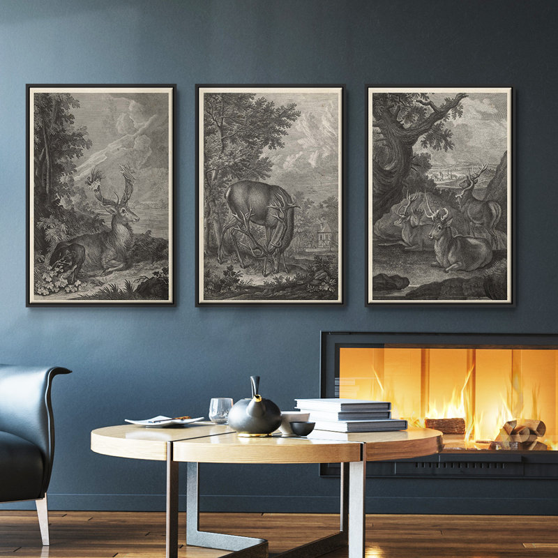 Ensemble de 3 pièces encadrées sur toile Woodland Deer III, Noir, H 40 po x l 78 po