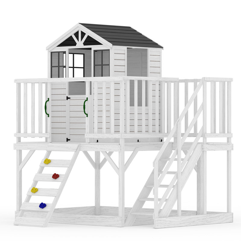 Maisonnette d'extérieur pour enfants avec mur d'escalade, maisonnette en bois à 2 étages avec bac à sable, maisonnette en cèdre pour enfants avec escabeau