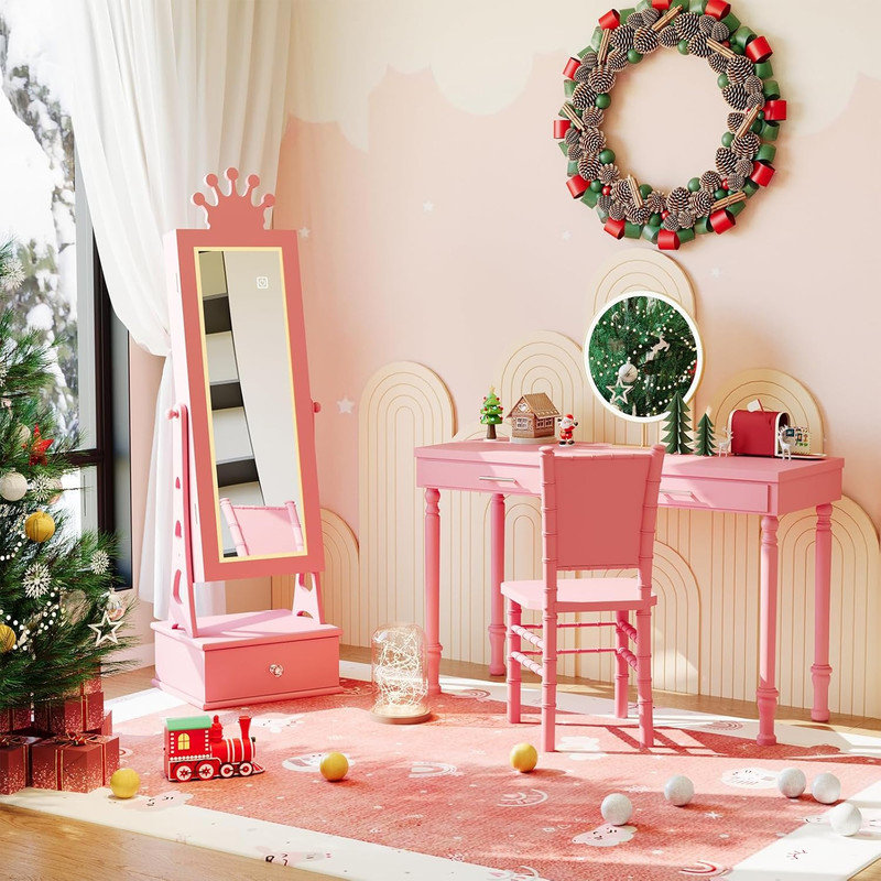 Armoire à bijoux pour enfants avec miroir pleine grandeur et lumières DEL pour enfants, 3 tiroirs, organisateur de coiffeuse princesse pour filles