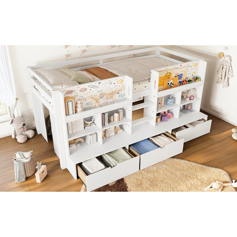 Lit mezzanine bas simple blanc avec rangement pour et articles essentiels, rideau, tableau noir, lit idéal pour chambres à coucher, blanc, tablettes à plusieurs rangements, aucun sommier requis