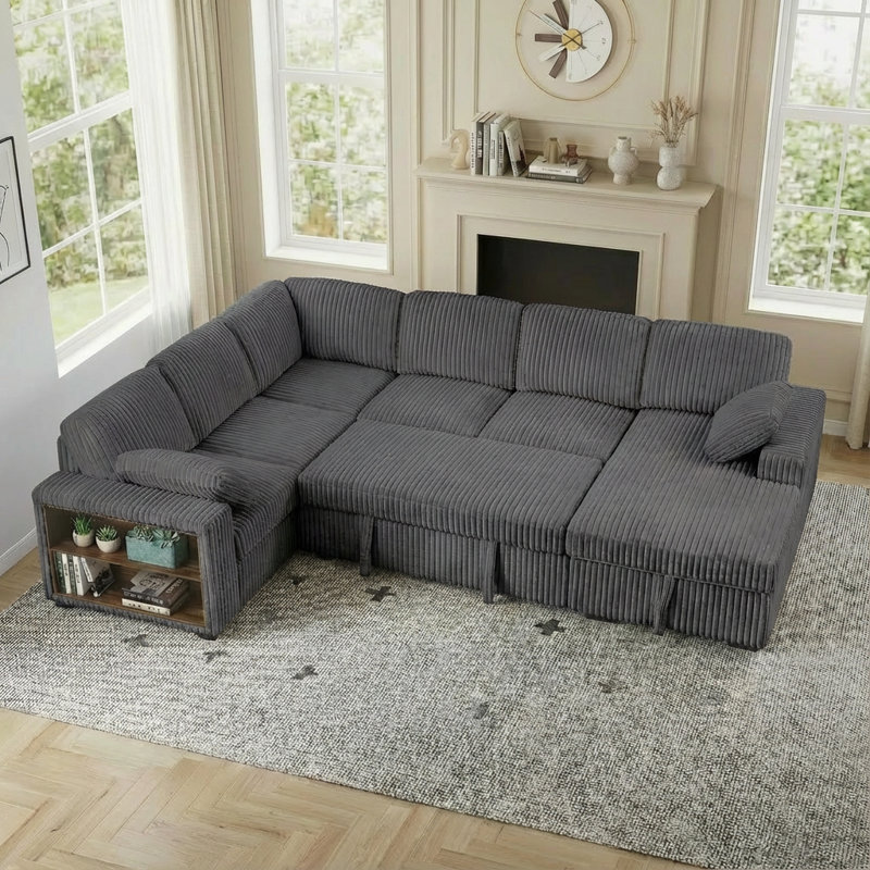 117" Modular Sectional Sofa With Storage Chaise, Pull-Out Bed, And Bookcase –  Corduroy Upholstery, Dark Gray Corduroy