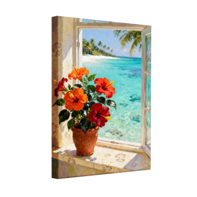Fenêtre de plage tropicale avec fleurs d'hibiscus Plants & Flowers
