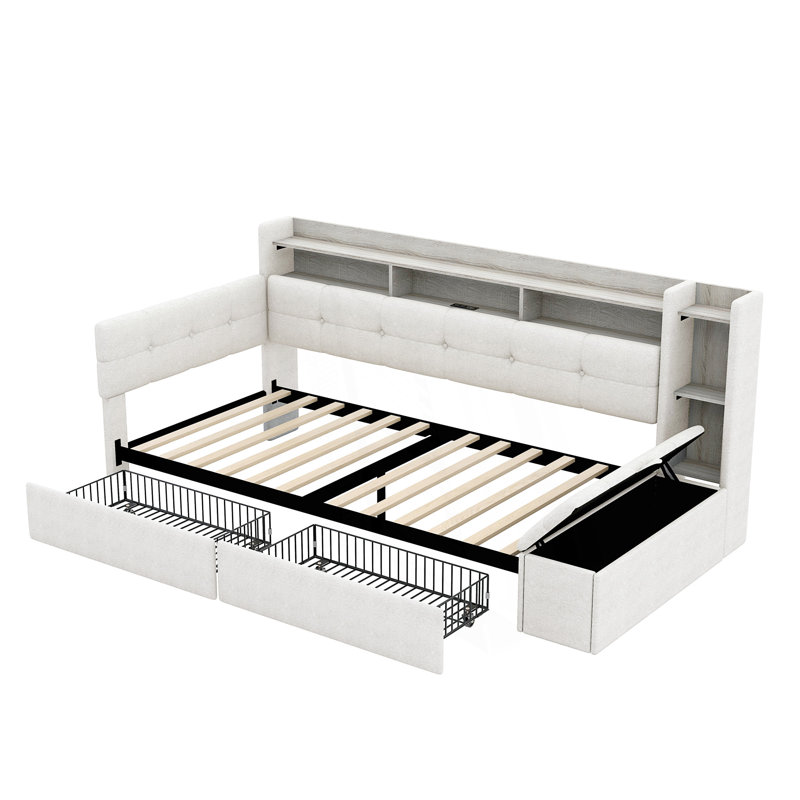 Lit de jour rembourré deux places avec tiroirs, ports USB et éclairage DEL, Beige