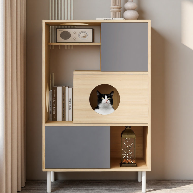 Bibliothèque 2 en 1 pour arbre à chat moderne avec rangement, bibliothèque en bois avec bac à litière