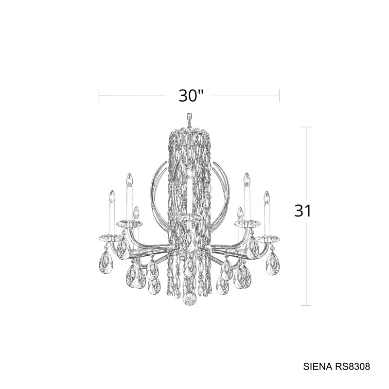 Siena 8 Light 30in x 31in Chandelier with Crystal Tusks in White with Clear Radiance Crystals, Czech, White