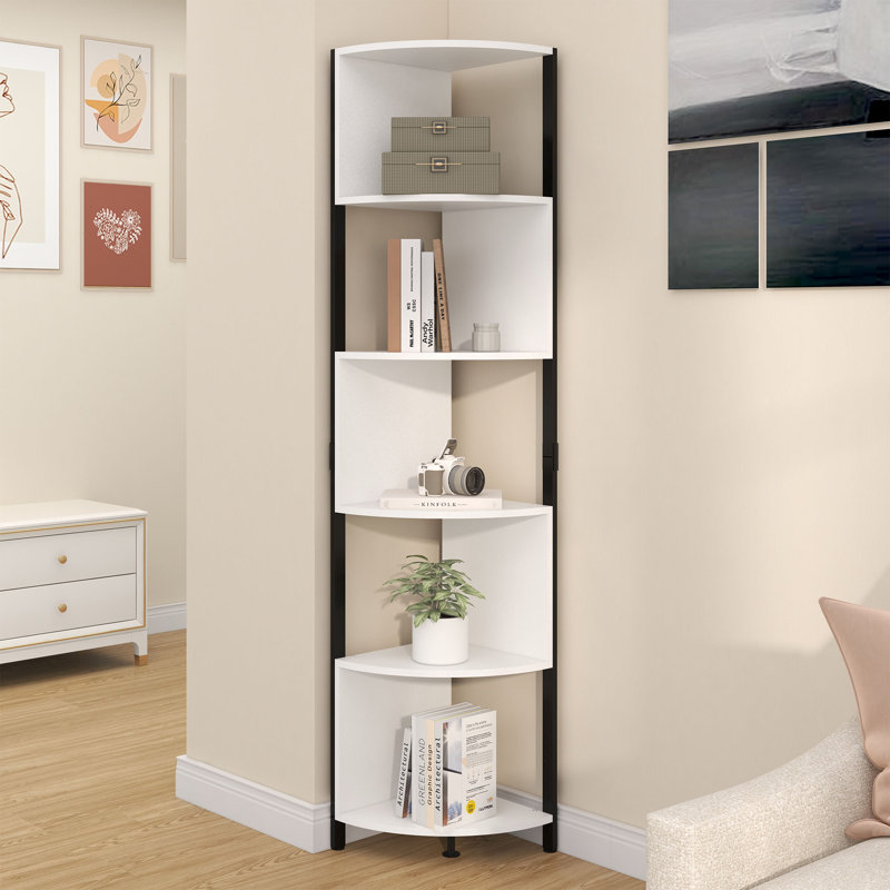Besnike 175.3cm H x 34.5cm W Corner Shelf Unit, Minimalist Bookshelf Small Bookcase, Black/White