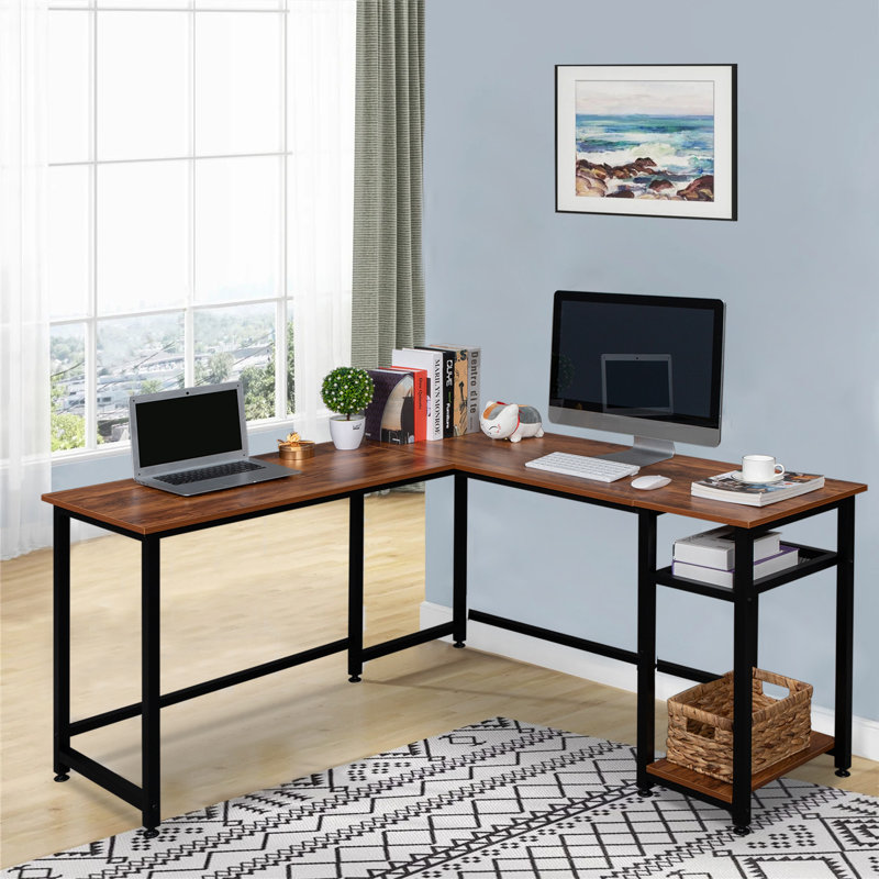 L-Shaped Metal Base Computer Desk, Brown/Black