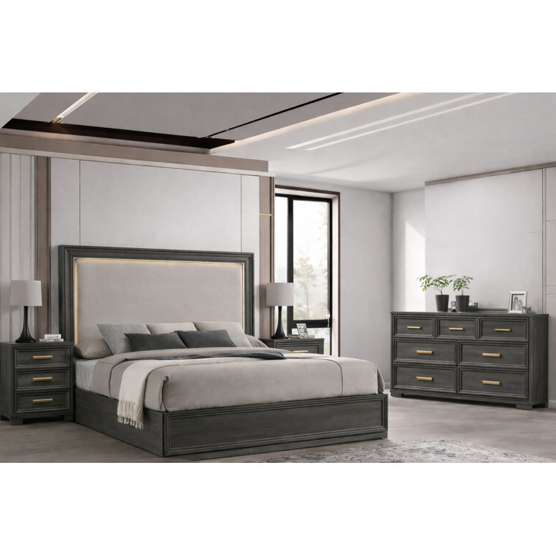 1018185BF2C240F0B8F5CC020FFD4860, Gris anthracite, Grand, 4 pièces : Lit, commode, 2 tables de chevet