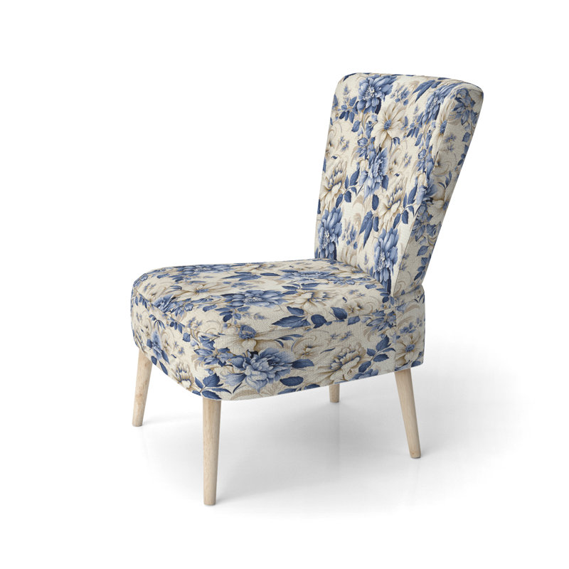 Chaise d'appoint victorienne en damas bleu et blanc à motif éclectique