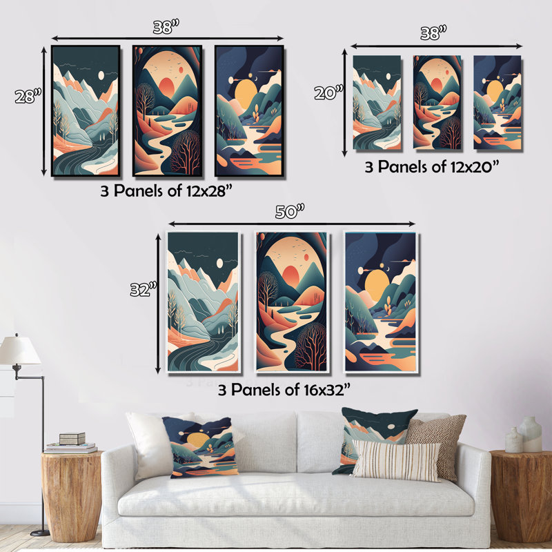«Graphic Mountain Trees In Orange And Blue», 3 pièces sur toile, Toile tendue, H 20 po x l 36 po