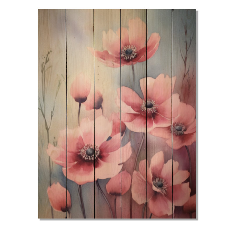Alameen, prairie bleue et rose sur bois, H 20 po x l 10 po x P 0,78 po