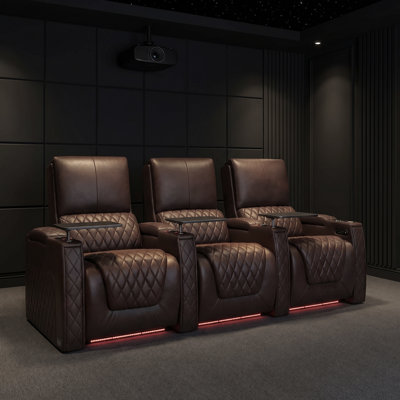 Fauteuil inclinable de cinéma maison en cuir véritable avec gravité zéro à deux moteurs, appui-tête réglable et éclairage ambiant 7 couleurs pour se détendre au cinéma, les soirées cinéma et les jeux, ensemble de 3