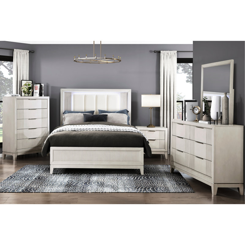 Grand lit moderne, blanc antique avec coussin de tête de lit à DEL pour la finition