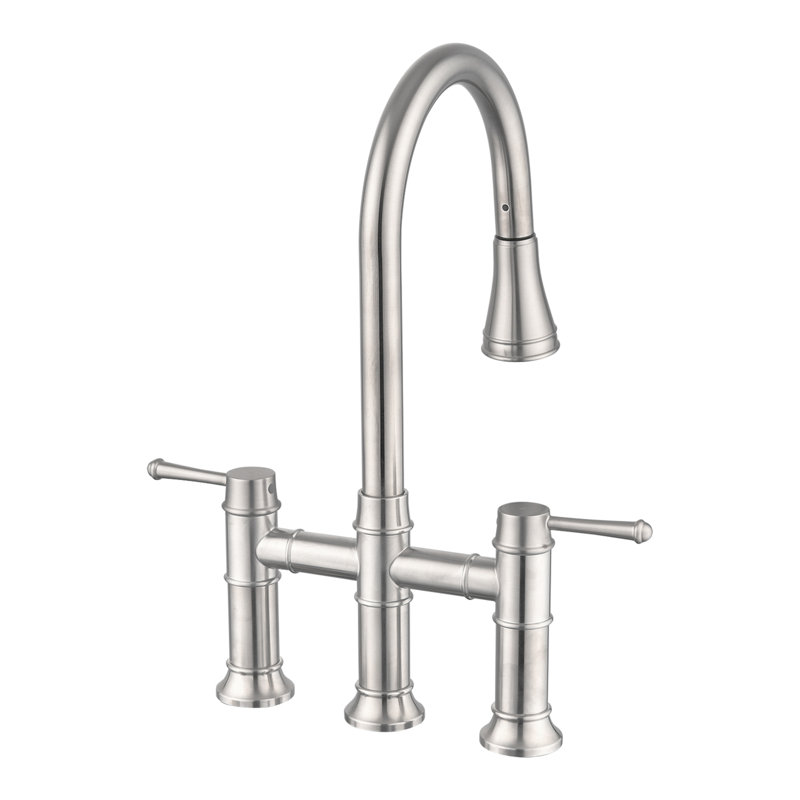 Topcraft Two Handle Bridge Kitchen Faucet with Pull Down Sprayer, Stainless Steel/Brushed Nickel