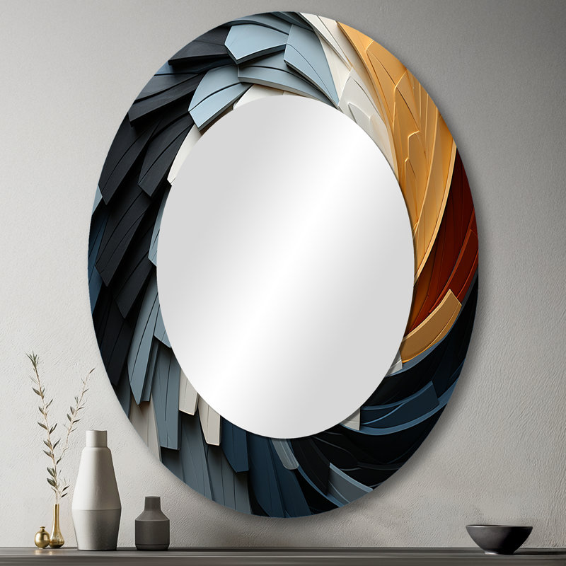 Geometric Spiral III - Grand miroir mural ovale sur métal, 43 po x 33 po