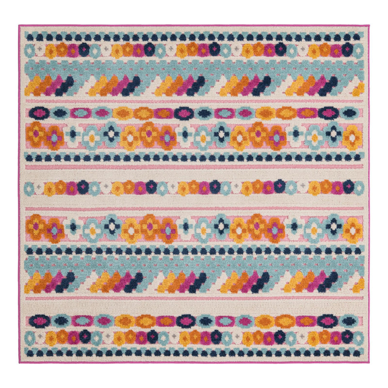 Tapis rayé intérieur / extérieur en polyester Grenz, Carré 5 pi 3 po