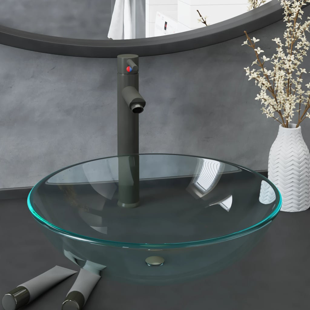 Symple Stuff Bathroom Sink With Tap And Push Drain Brown Tempered Glass