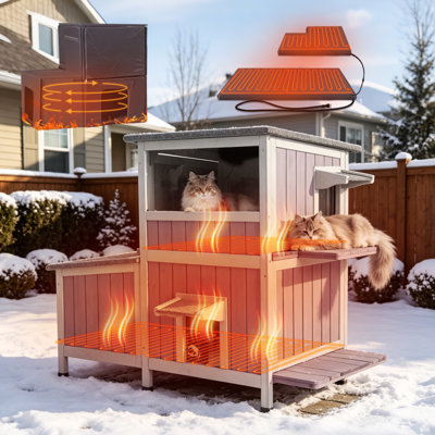 Heated Cat House For Outside Outdoor Cat House Insulated With Heated Pad, Insulated Liner, Dual-section Large Wooden Shelter With Three Escape Doors For Multiple Cats