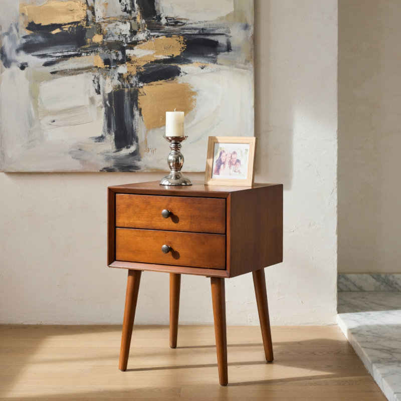 Table de chevet avec 2 tiroirs, petite table d'appoint avec rangement, noyer, Noyer