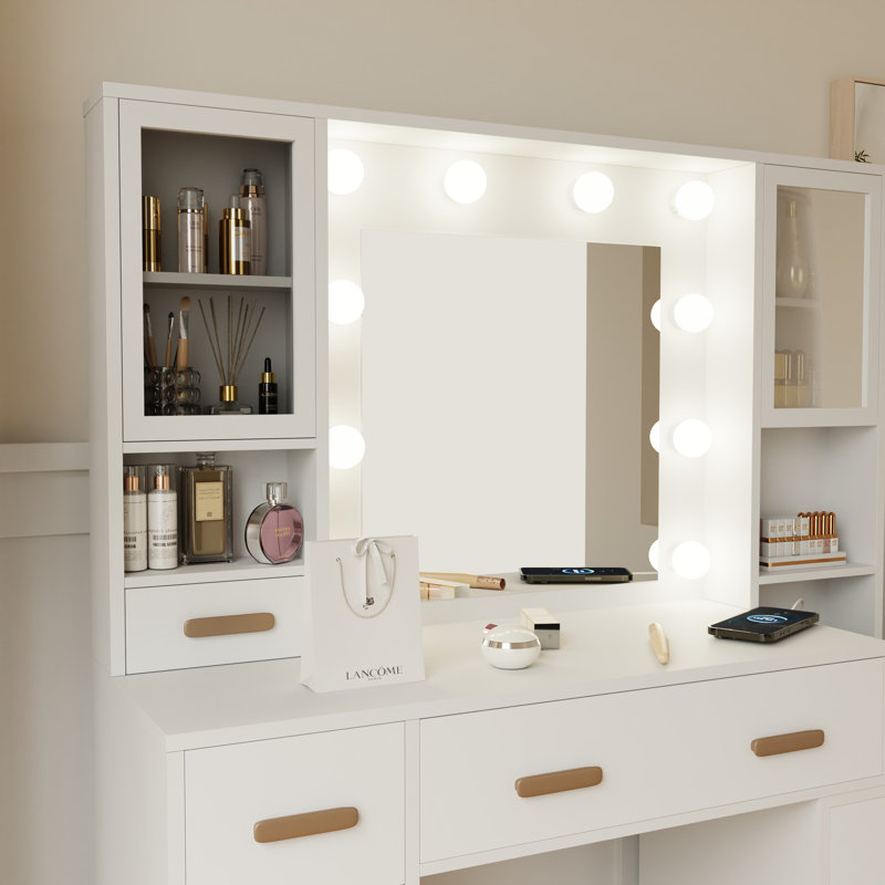 Vanity Dressing Table Set with 10 LED Bulbs, Lighted Mirror & Charging Station - Multi -functional Nightstand, 3 Color Modes with Dimming, Cushioned Stool & Large White Mirror 