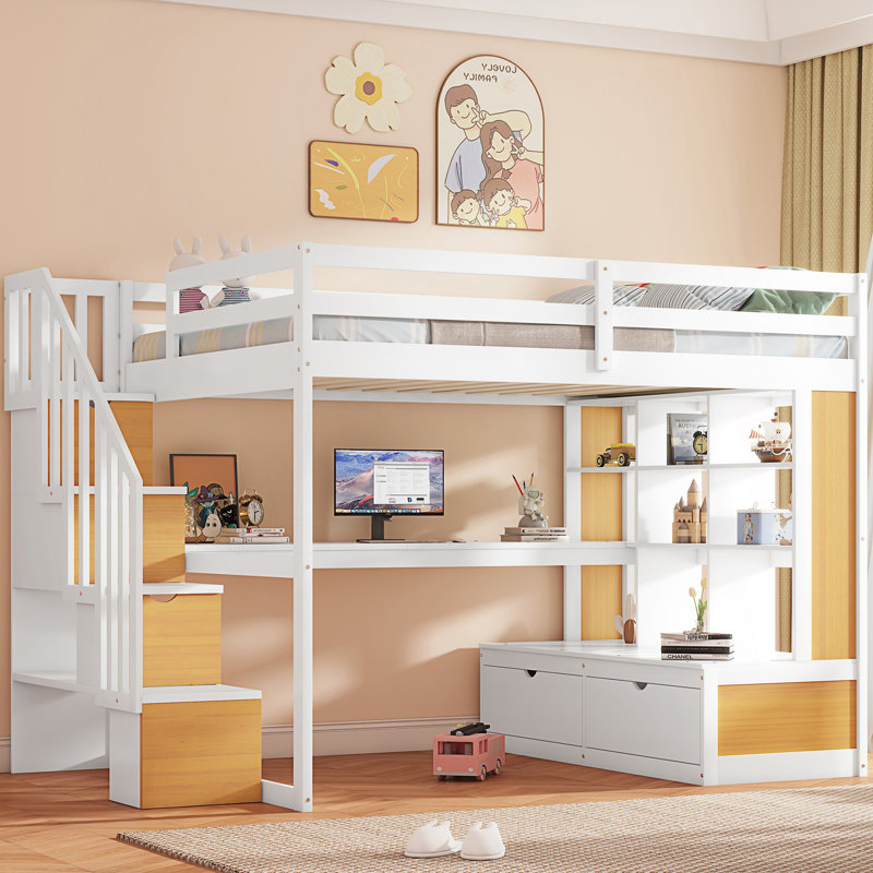 Lit mezzanine double avec bureau et tablettes, deux tiroirs intégrés, escalier de rangement