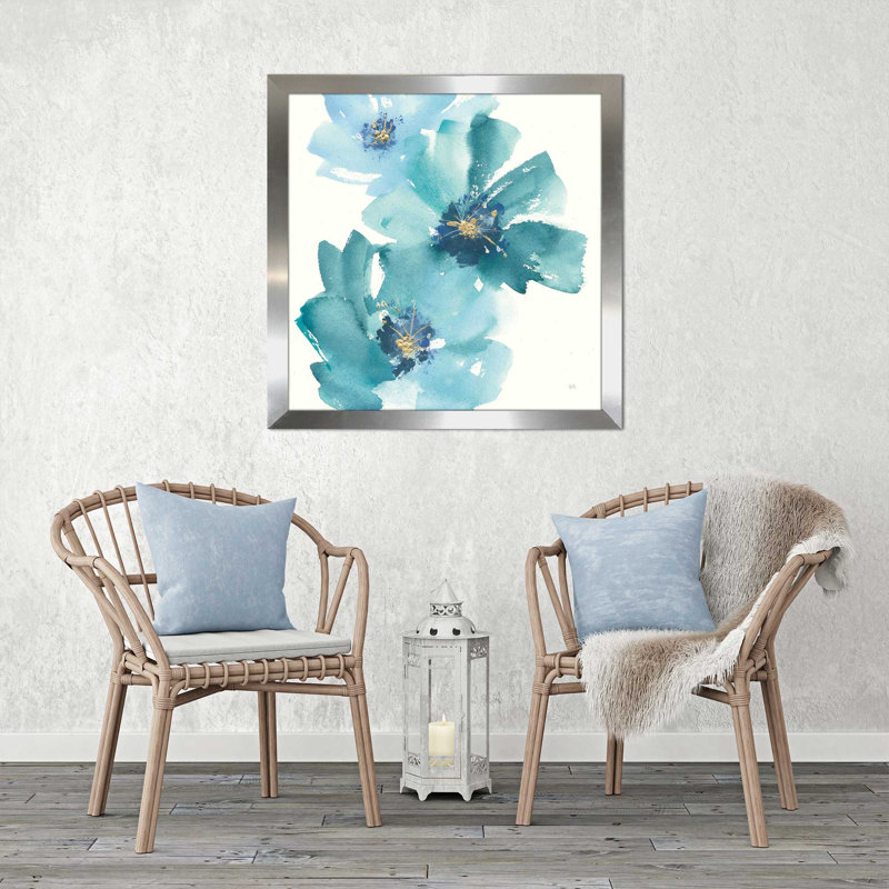 «Teal Cosmos IV», reproduction de peinture à l'aquarelle, H 31,5 po x l 31,5 po x P 1 po, Encadrement argenté