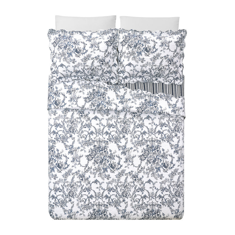 Blue Cotton Full Reversible Quilt Set with Scallop Edges