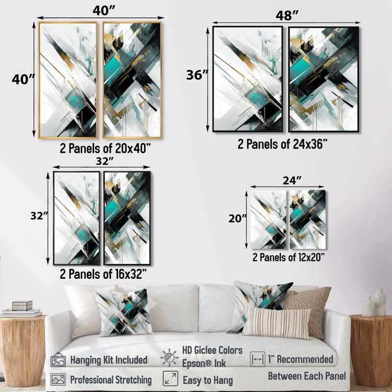 Art mural grand bleu sarcelle cubiste kaléidoscope, 36" H x 48" W, Impression encadrée flottante, Gold