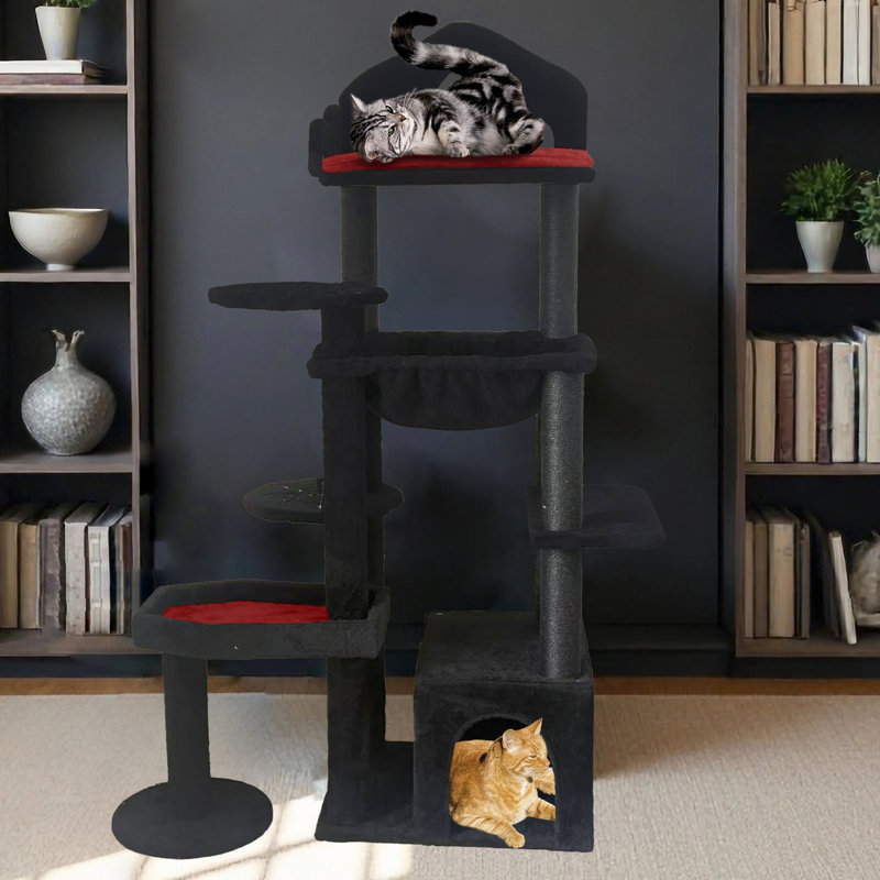 Arbre à chat à l'allure élégante foncée, coussin amovible et plusieurs zones de grattage, mobilier noir et rouge naturel, installation simple