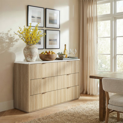 Corentin 53.9" Wide Dresser 6 Drawers With Storage Modern Faux Travertine Wood Chest For Bedroom