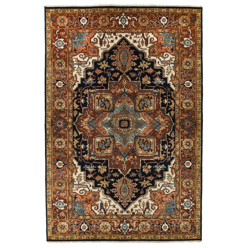 6x9 Ivory and Navy Turkish Oushak Rug