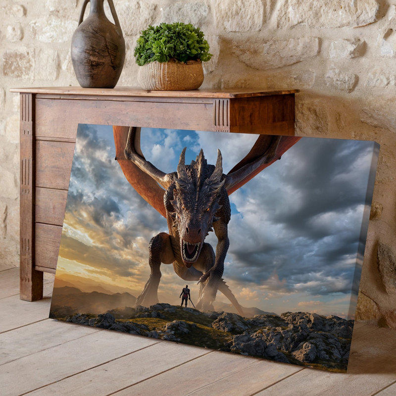 Toile, "Un dragon redoutable se profilant dans le ciel et ses échelles", art mural chatoyant dans des tons de bronze foncé et d'or