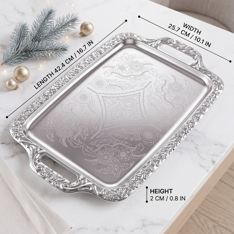 Ensemble de 4 plateaux de service argentés brillants, plateaux rectangulaires en métal alimentaire de 42,4 x 25,7 cm (16,7 x 10,1 pouces) avec double poignée, bords roulés, empilables et lavables au lave-vaisselle, parfaits pour les buffets et les réceptions.