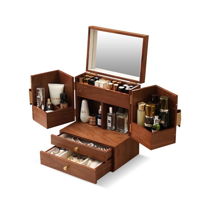 Boîte de rangement en bois pour cosmétiques avec miroir