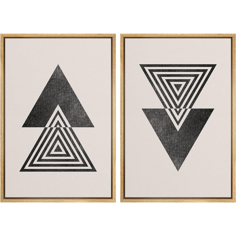 Mid-Century Spiral Triangle Polygon Variety Abstract Shapes Modern Minimalist, 36" H x 48" W x 1.5" D, Natural Floater Framed