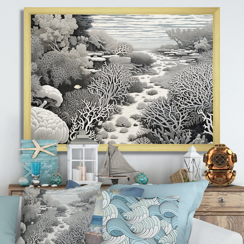 Abstrait corail noir et blanc abstrait - reproduction sur toile, H 12 po x l 20 po x P 1 po, Cadre doré à coins fermés