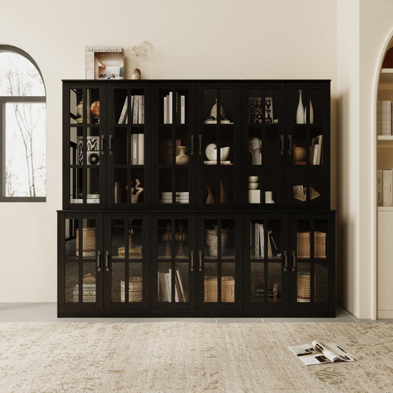 71"H X 71"W Display Cabinet With Glass Doors,Modular Modular Book Cabinet, Black