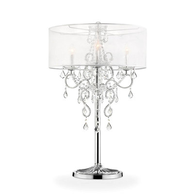 Grande lampe de table 35 "Evangelia", finition argentée et accents de cristal, abat-jour transparent
