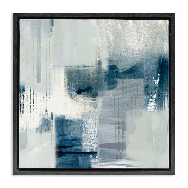 Abstraction délavée avec des bleus, Cadre flottant noir de jais, H 18 po x l 18 po