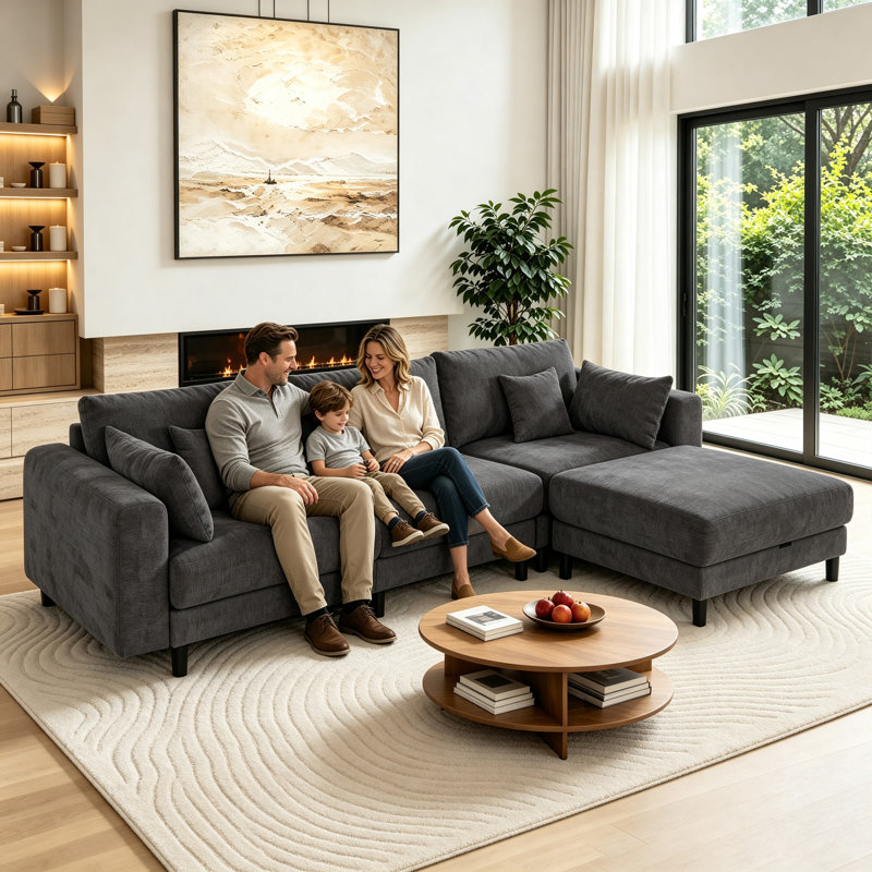 112.4'' Cloud Sectional Sofa, L-Shaped Modular Couch with Storage Ottoman, Gray Corduroy