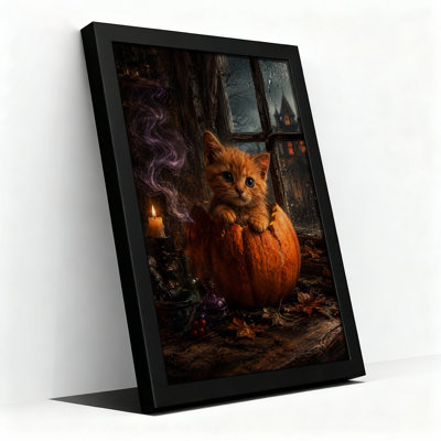 Toile orange d'Halloween chaton en citrouille avec bougie et pluie
