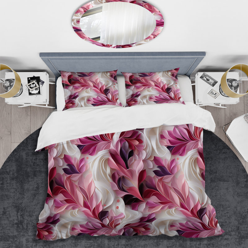 Ensemble de housse de couette à motif abstrait en vagues - Rose et blanc, Housse de couette pour grand lit et 2 taies décor