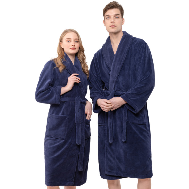 Navy Blue L/XL Fleece Bathrobe with Shawl Collar