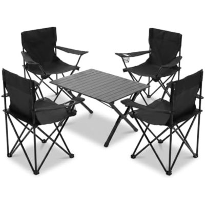 Ensemble de 4 chaises de camping pliantes avec ensemble de table, chaises de jardin portatives pliables avec sac de transport et porte-gobelet, table d'extérieur et chaises de camping, de plage, de pique-nique et de pêche 300LBS (noir)