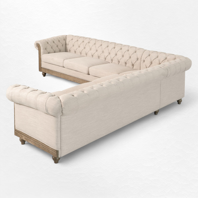 Canapé modulaire symétrique en forme de L de 104,02 po avec motif Chesterfield et pieds en bois massif, Beige